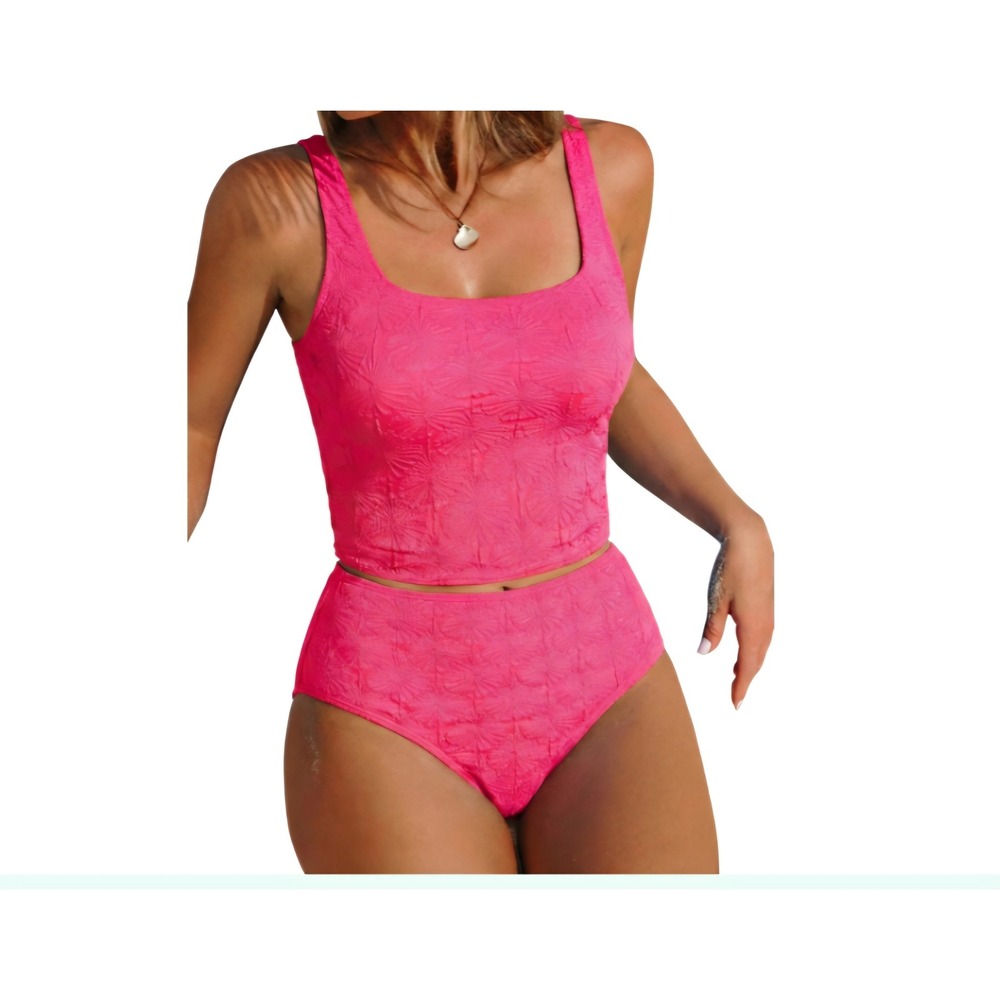 Zaful Neon Pink Textured Floral Tankini Set High Waisted Two Piece Swimsuit S